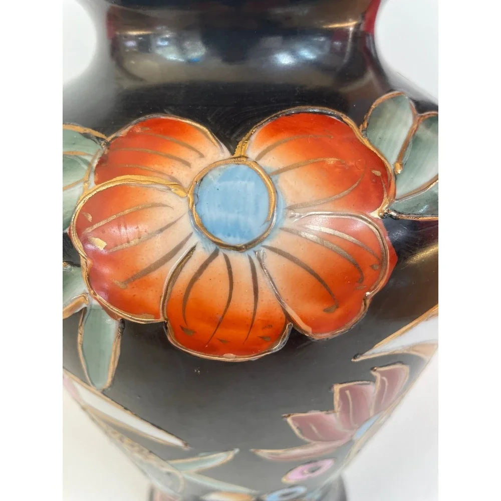 Vintage Black Ceramic Toucan Floral Vase Chinoiserie Gold‎ Cloisonne 12